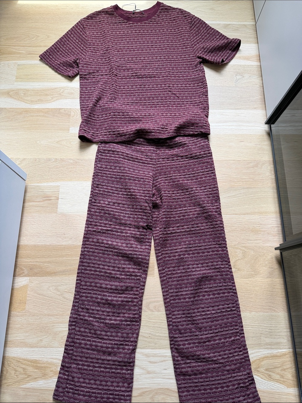 Zara Maroon Textured Track Pants & Short Sleeve Top Set